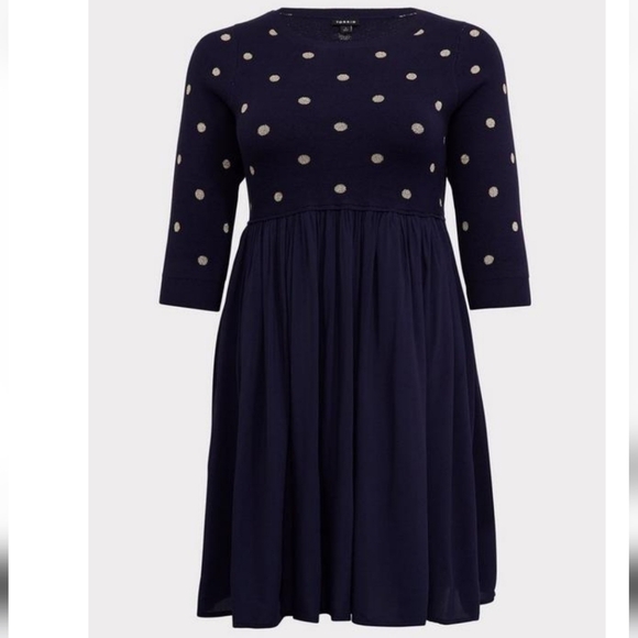 Torrid skater mini challis dress knit navy blue gold polka dot preppy 0X 💖 - Picture 13 of 14
